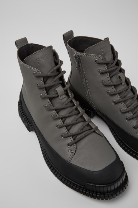 Design Pix Gray And Black Leather Lace-Up Boots For Women Camper