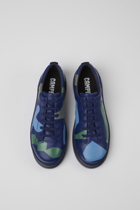 Camper Design Twins Blue And Green Printed Leather Sneakers For Women