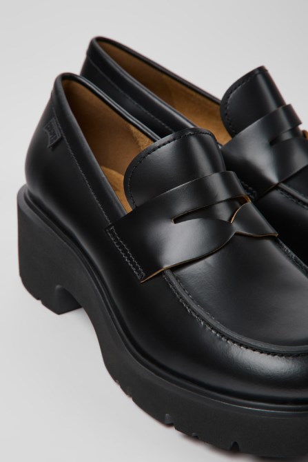 Design Milah Black Leather Loafers For Women Camper