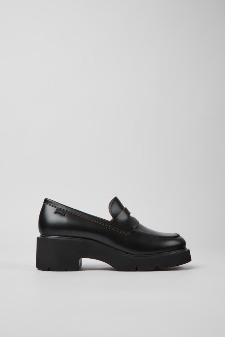 Design Milah Black Leather Loafers For Women Camper