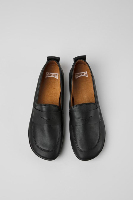 Design Right Black Leather Shoes For Women Camper