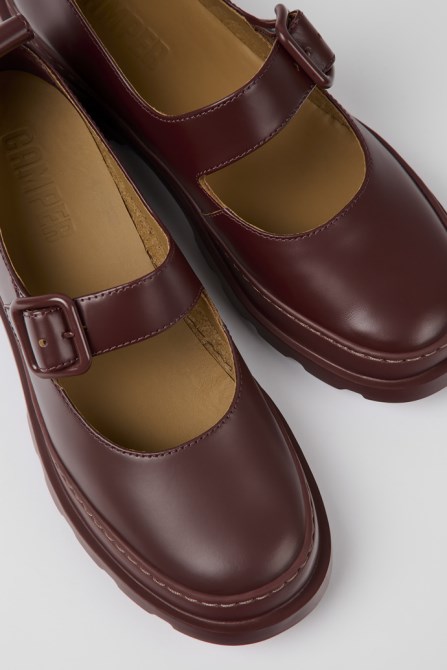 Camper Design Brutus Burgundy Leather Mary Jane Flats For Women