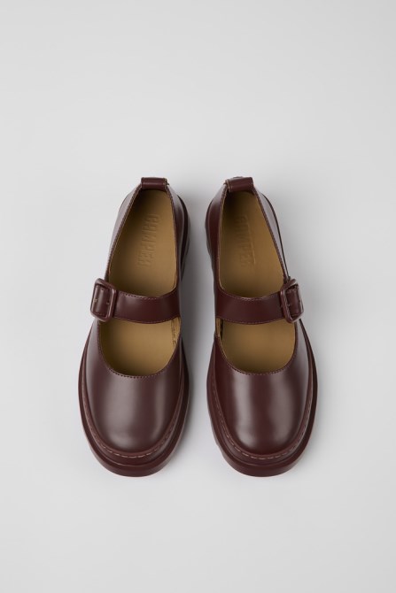 Camper Design Brutus Burgundy Leather Mary Jane Flats For Women