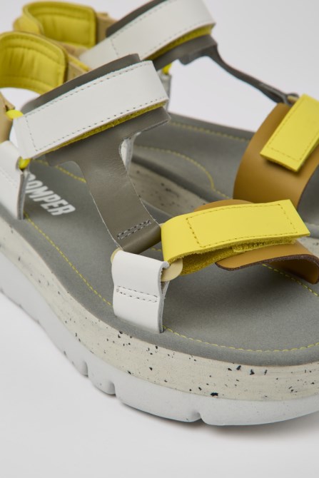 Oruga Up White Grey And Yellow Leather Sandals For Women Camper New Arrivals