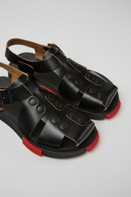 Design Set Black Leather Sandals For Men Camper